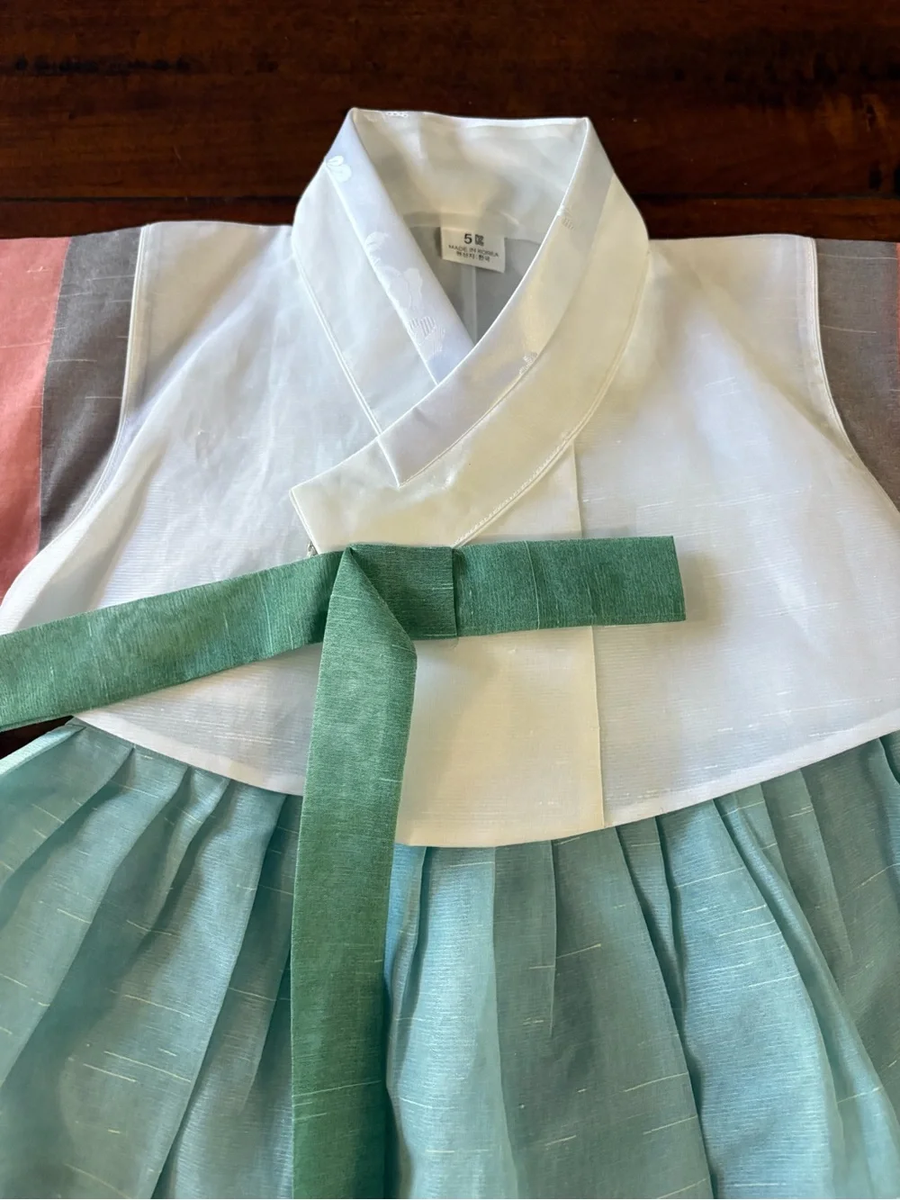 Traditional Korean Hanbok Dress - Mint Green Skirt with Pastel Striped Sleeves